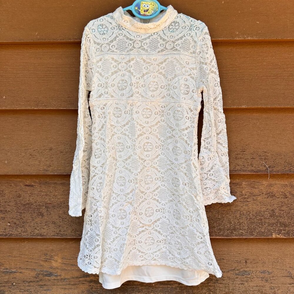 Zunie Cream Lace Long-Sleeve Dress 10 With High Collar & Back Zipper